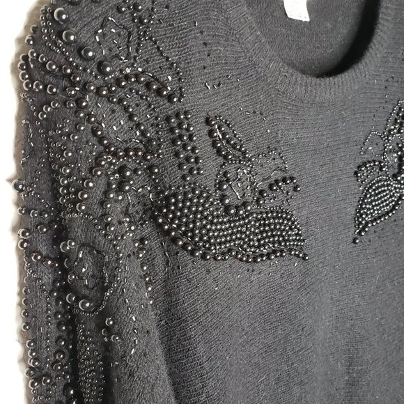 Vivien Forest Vintage Angora Lambswool Black Sweater with Beading Size L - Picture 3 of 8